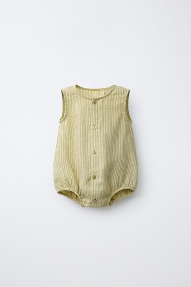 100% LINEN STRIPED ROMPER - Mid-green by Zara