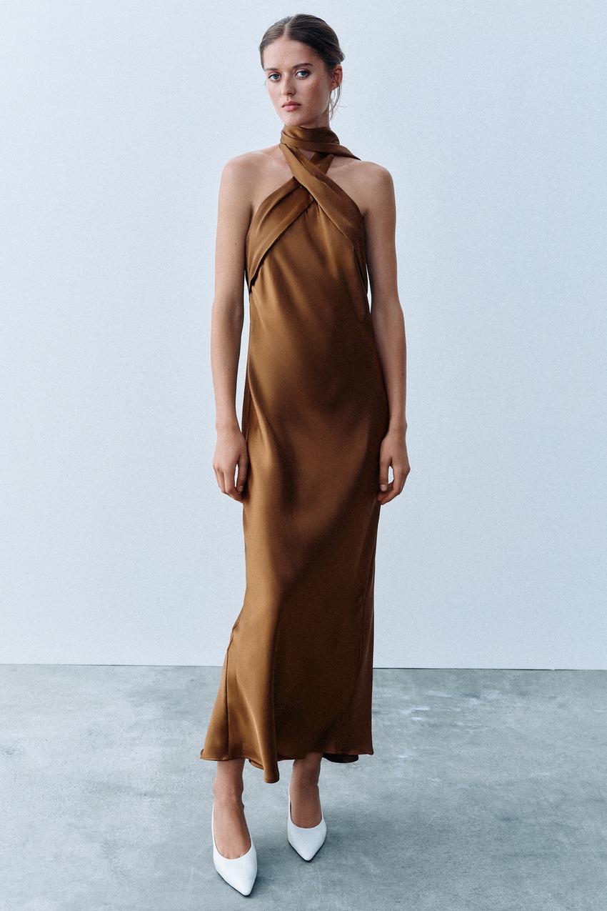 SATIN HALTER MIDI DRESS - Caramel