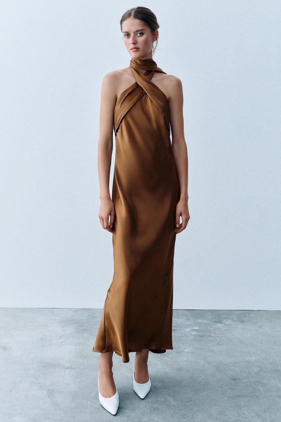 SATIN HALTER MIDI DRESS - Caramel by Zara - Image 0