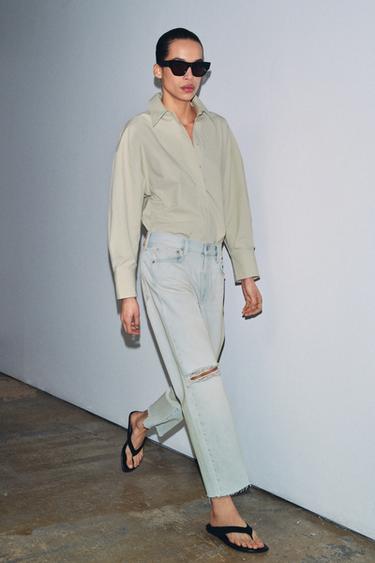 Zara ZW COLLECTION 中腰剪破直筒牛仔褲 - 淡藍色