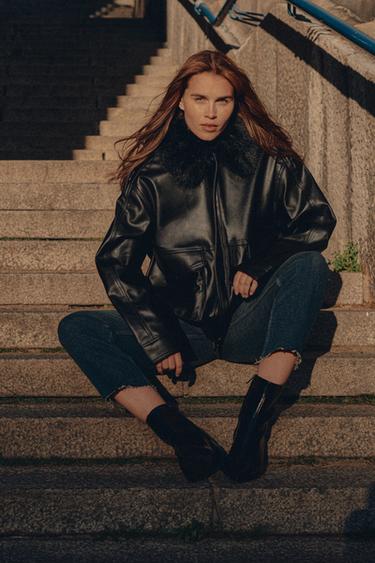Zara DETACHABLE FAUX FUR COLLAR JACKET - Black