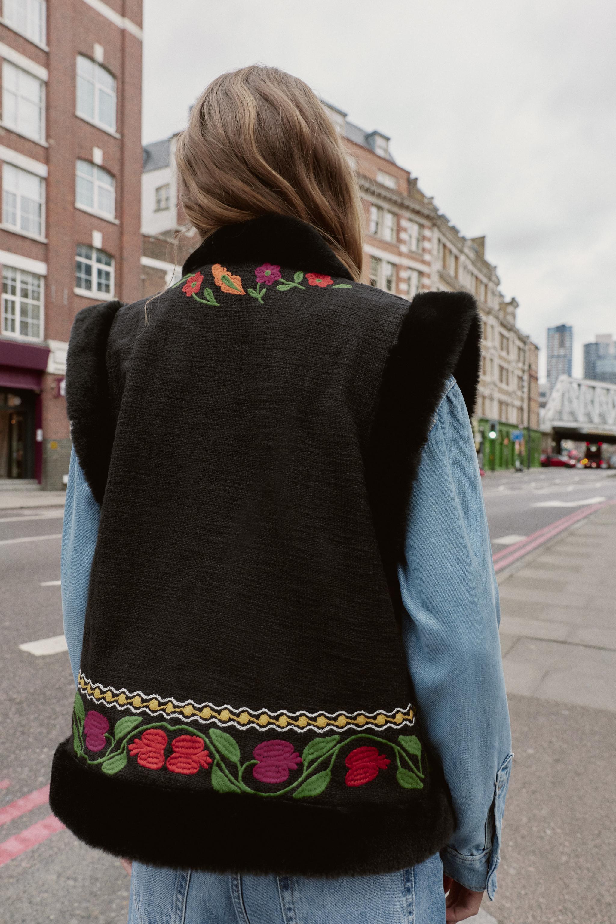 CONTRASTING EMBROIDERED FAUX FUR VEST