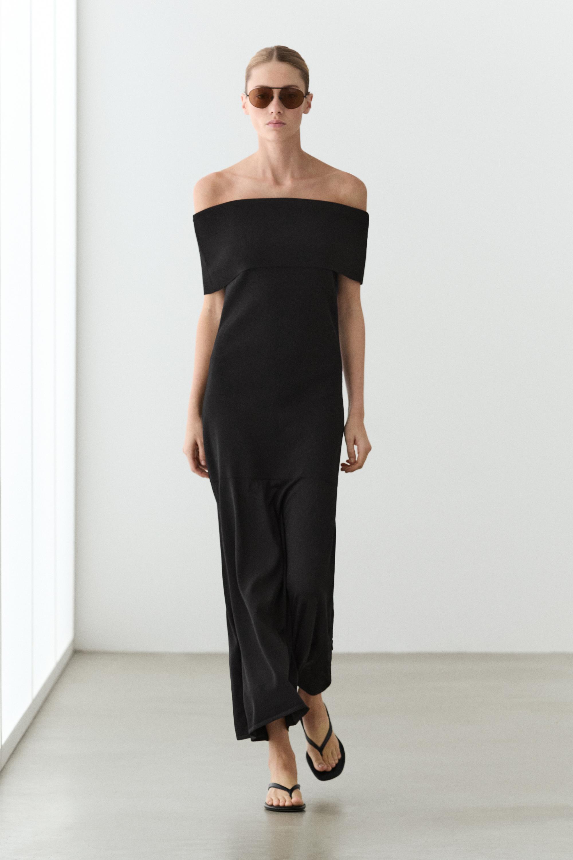 Knit midi dress with exposed shoulders