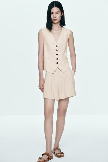 Zara 高腰亞麻短褲 - 淺米色 - 圖片 0