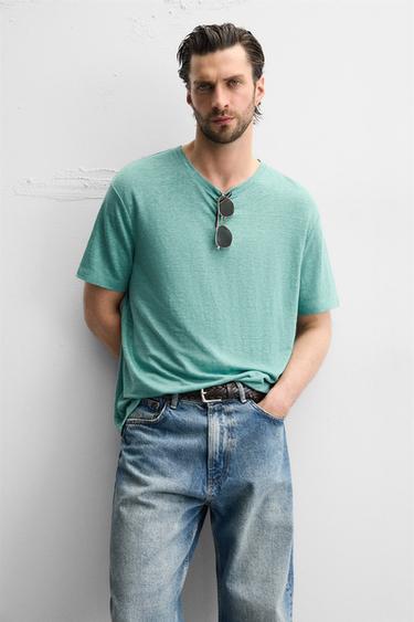 T-SHIRT MÉLANGE LIN - Vert pastel de Zara - Image 5