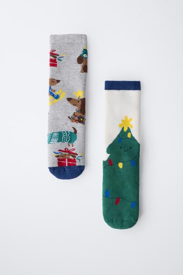 LOT DE DEUX CHAUSSETTES ANTIDÉRAPANTES CHIOTS ET ARBRE - Vert de Zara - Image 3