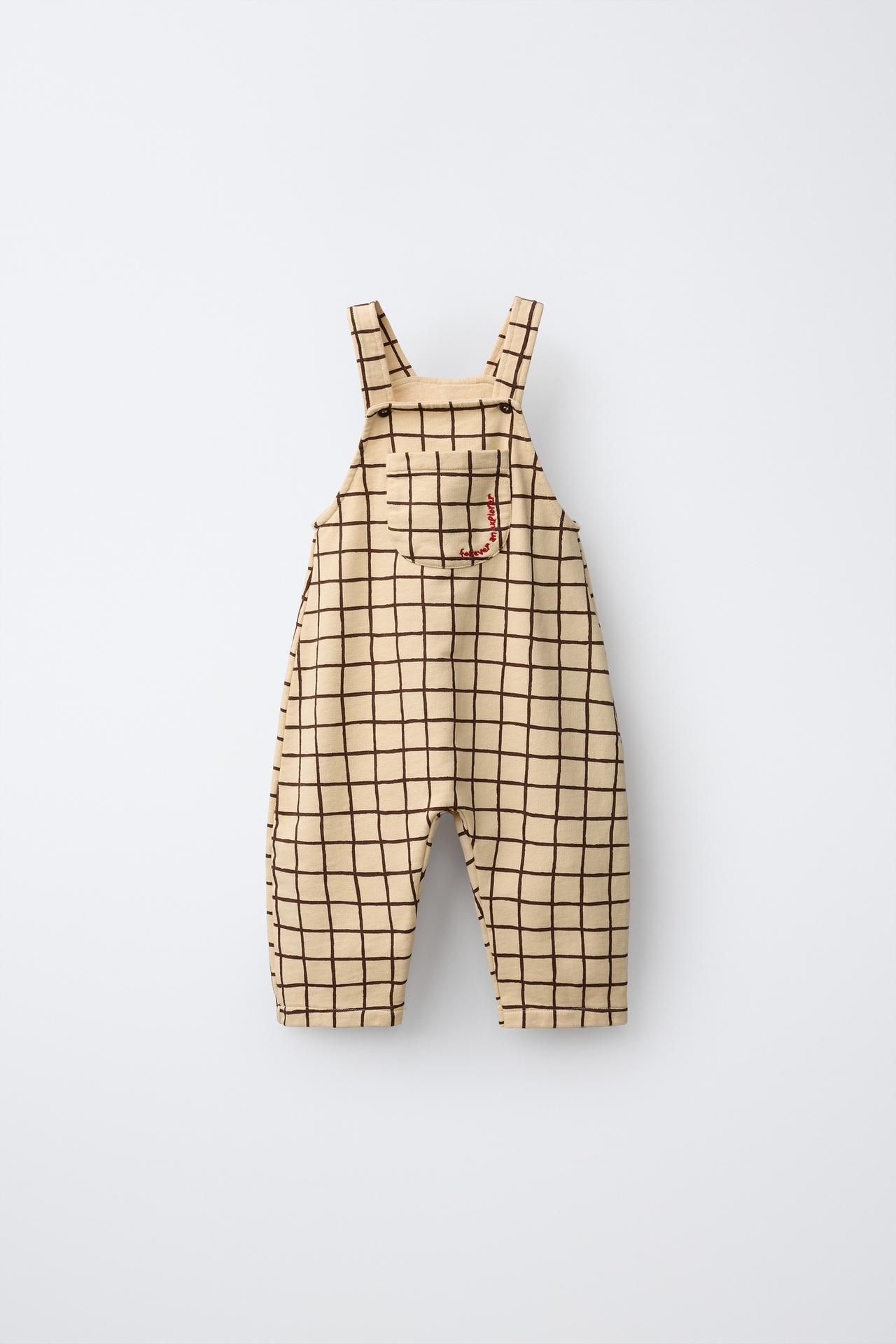 PLAID FLEECE OVERALLS WITH EMBROIDERED TEXT — Vanilla
