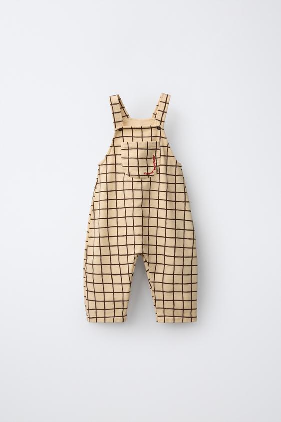 CHECK FLEECE EMBROIDERED DUNGAREES - Vanilla by Zara - Image 0