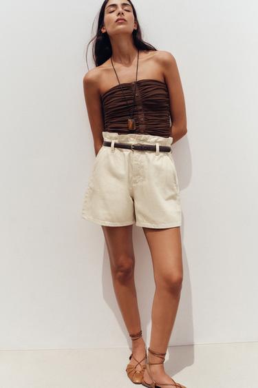 Z1975 DENIM PAPERBAG BERMUDA SHORTS WITH BELT - Ecru by Zara