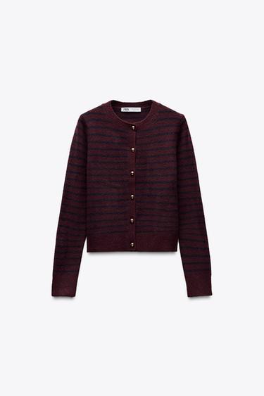 Zara STRIPED KNIT CARDIGAN - Burgundy