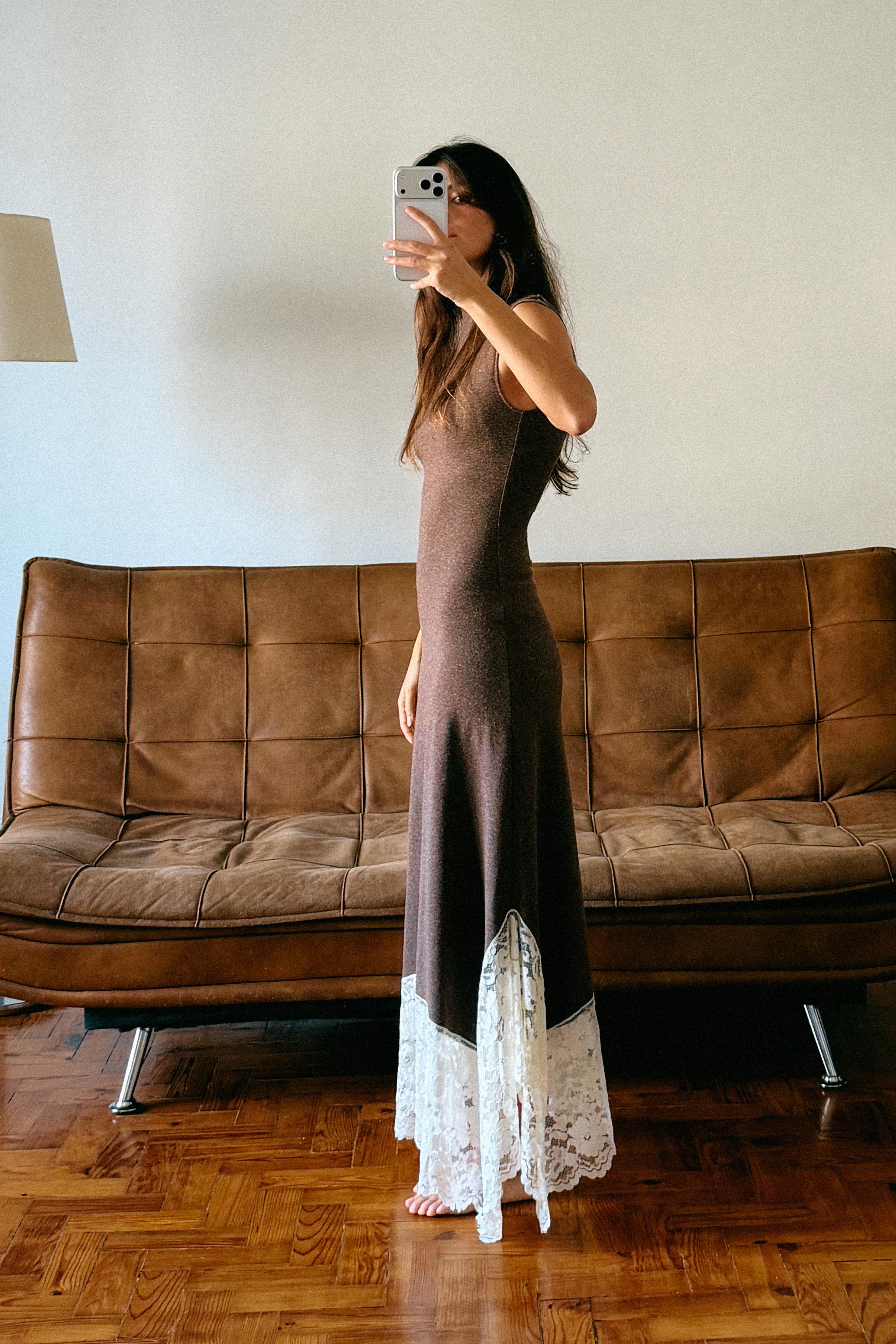 レースコントラストロングワンピース - ブラウン | ZARA Japan / 日本