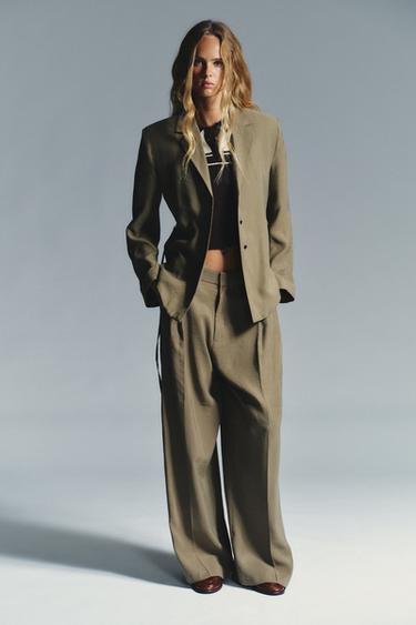 Zara DOUBLE PLEAT FLAP PANTS - Dark khaki