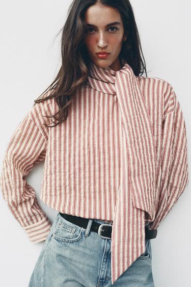 STRIPED SHIRT WITH BOW - Ecru / Red by Zara