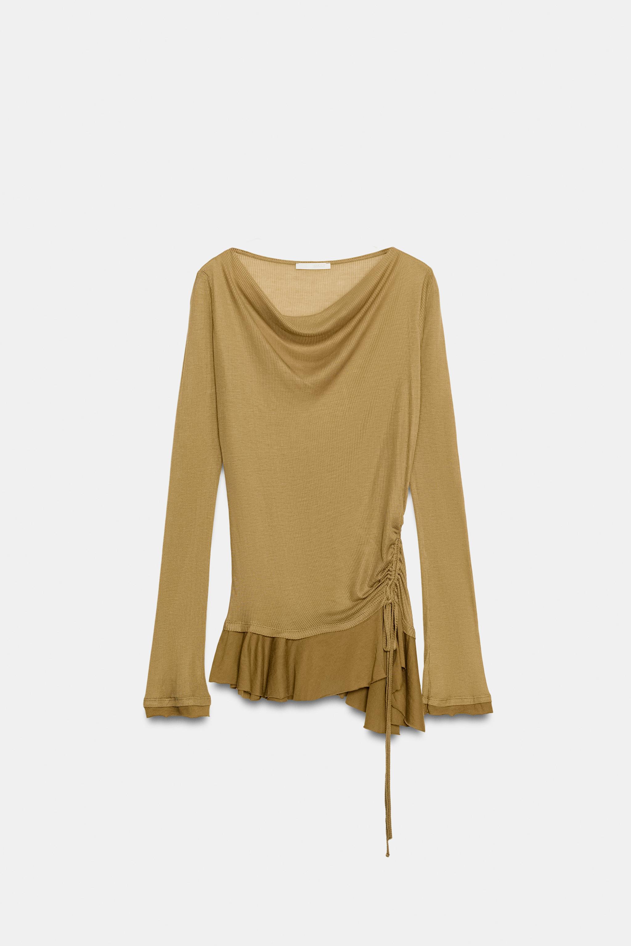 RUFFLED ASYMMETRICAL RUCHED TOP — Caramel