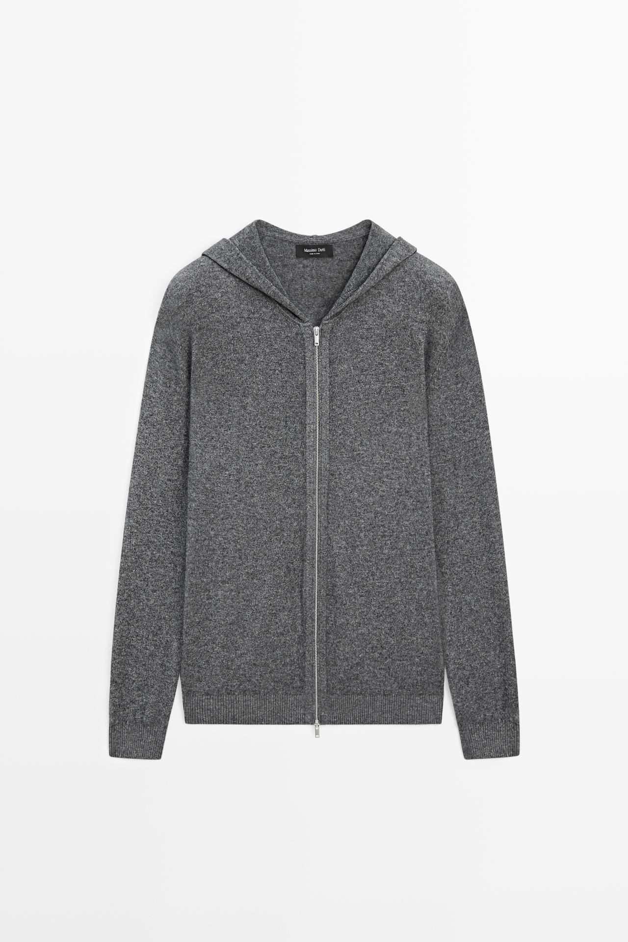 Wool-blend knit hooded cardigan — Gray / Beige