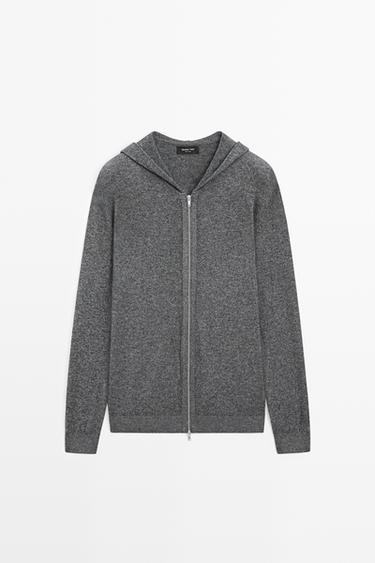 Wool-blend knit hooded cardigan — Gray / Beige 1