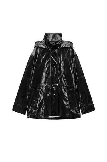 Front view of a shiny black coat with hood and front pockets.