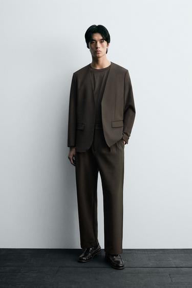 ウォッシャブル+速乾性スーツノーラペルブレザーブラウンZaraのウォッシャブル+速乾性スーツノーラペルブレザー - ブラウン