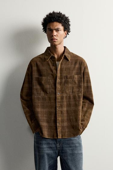WASHED PLAID CORDUROY SHIRT — Brown 2