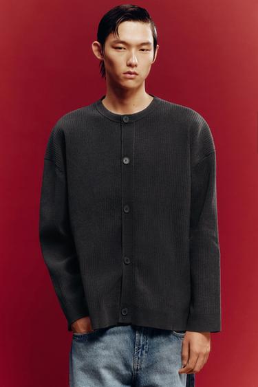 Zara 紋理開襟衫 - 深灰色