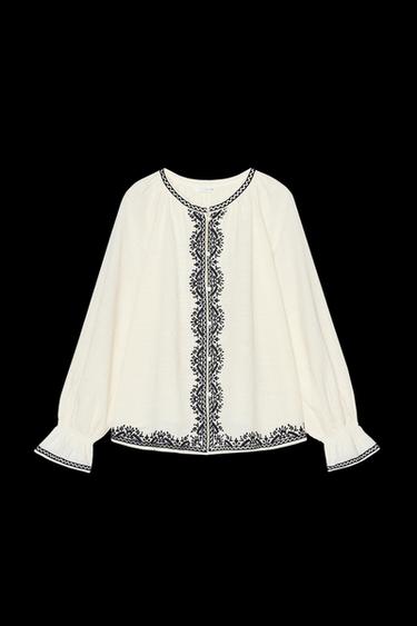 Zara CONTRAST EMBROIDERY SHIRT - Ecru - Image 0