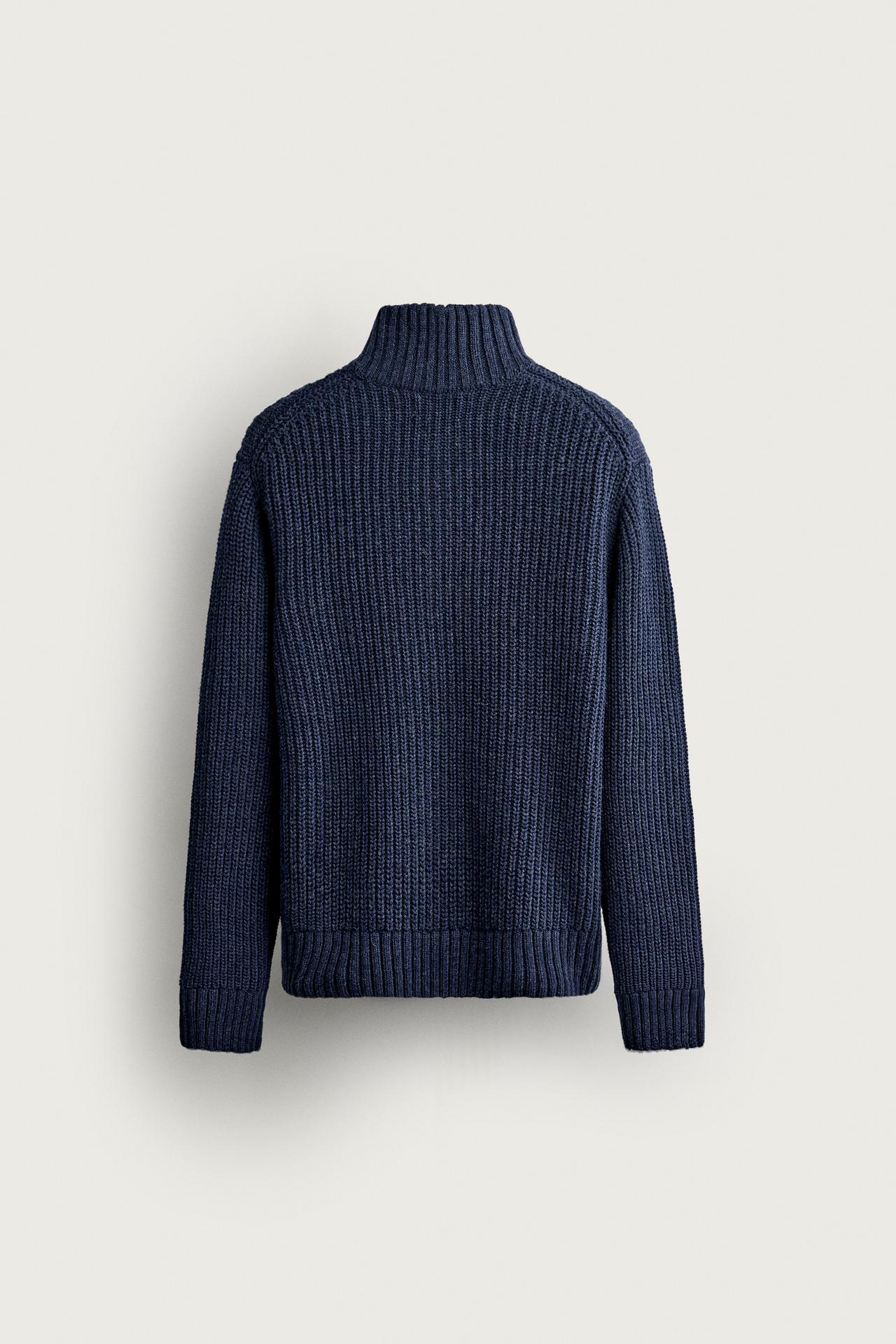 COTTON-WOOL QUARTER-ZIP SWEATER — Blue marl