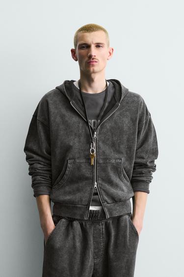SWEAT DÉLAVÉ ZIPPÉ À CAPUCHE - Anthracite foncé de Zara