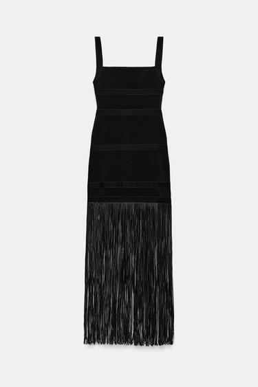 Zara LONG FRINGED DRESS - Black