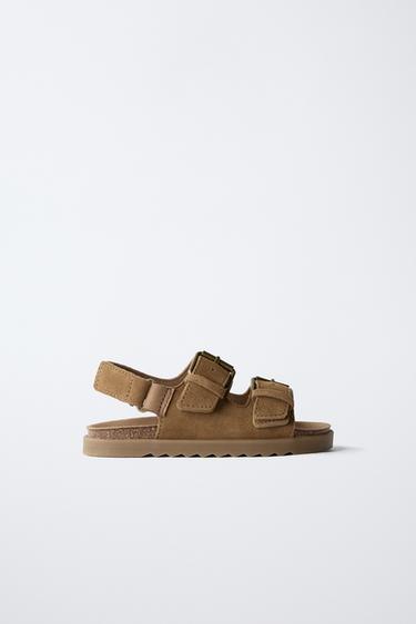 Zara LEATHER BUCKLE SANDALS - Brown