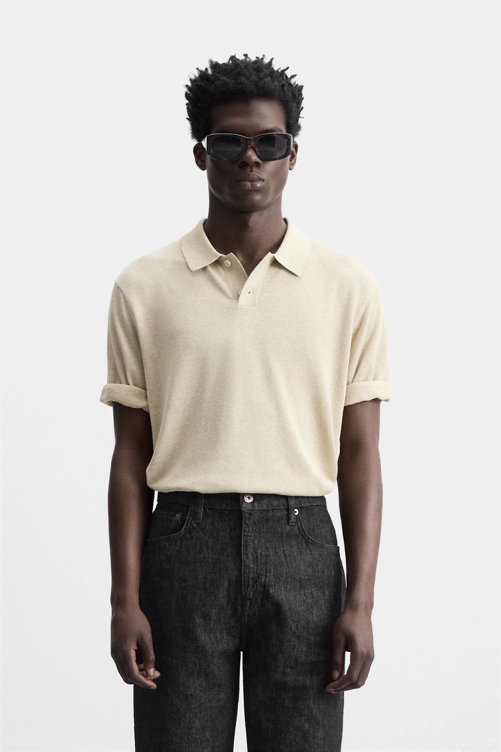 Baju Polo Polo Blanco Zara KNIT SILK LINEN POLO SHIRT Beige ZARA