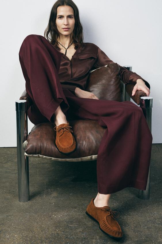 ソフトスプリットスエードレースアップモカシン - ブラウン | ZARA 
