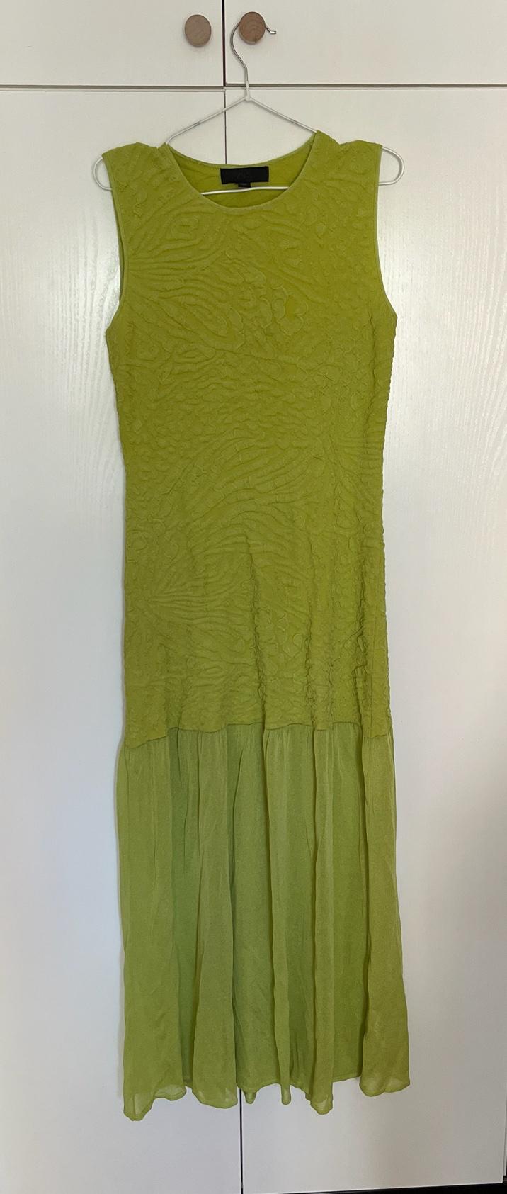 Long green sleeveless dress hanging on a hanger in a white wardrobe. Design with a textured bodice and flowing skirt.