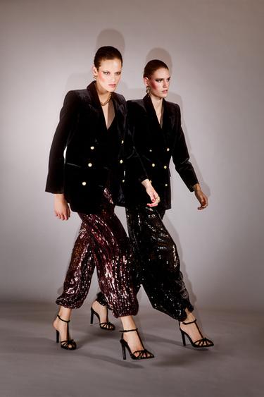 Zara 亮片燈籠連身長褲 ZW COLLECTION LIMITED EDITION - 棕色