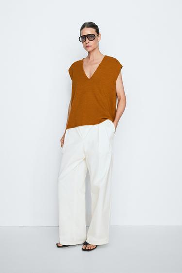 Zara 100% Cotton V-Neck Vest - STUDIO - Champagne - Image 0