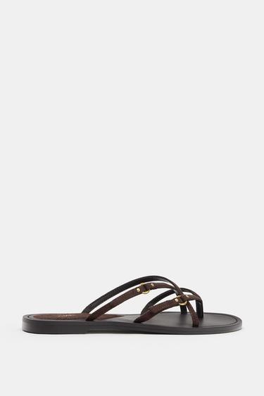 Zara FLAT STRAPPY SANDALS - Brown