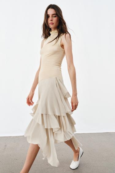 ZW COLLECTION FLOWING RUFFLE SKIRT - Beige / Green by Zara