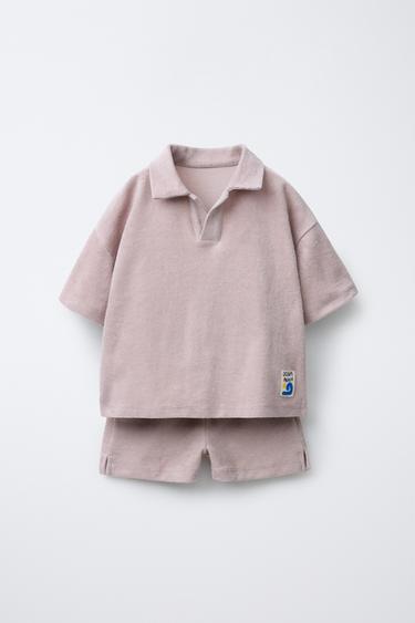 Zara LABEL TERRY CLOTH POLO AND SHORTS SET - Taupe gray