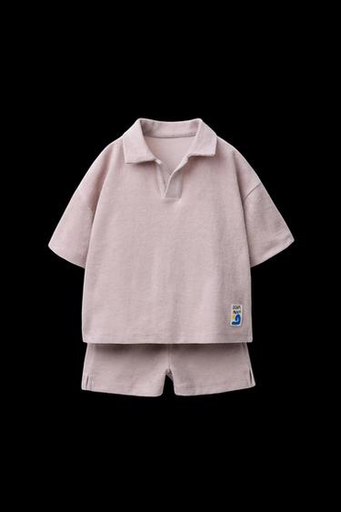 Zara LABEL TERRY CLOTH POLO AND SHORTS SET - Taupe gray