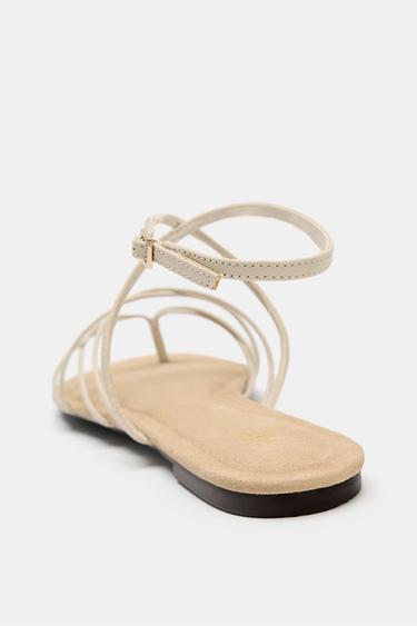 FLAT LEATHER STRAPPY SANDALS - Ecru White by Zara - Image 5