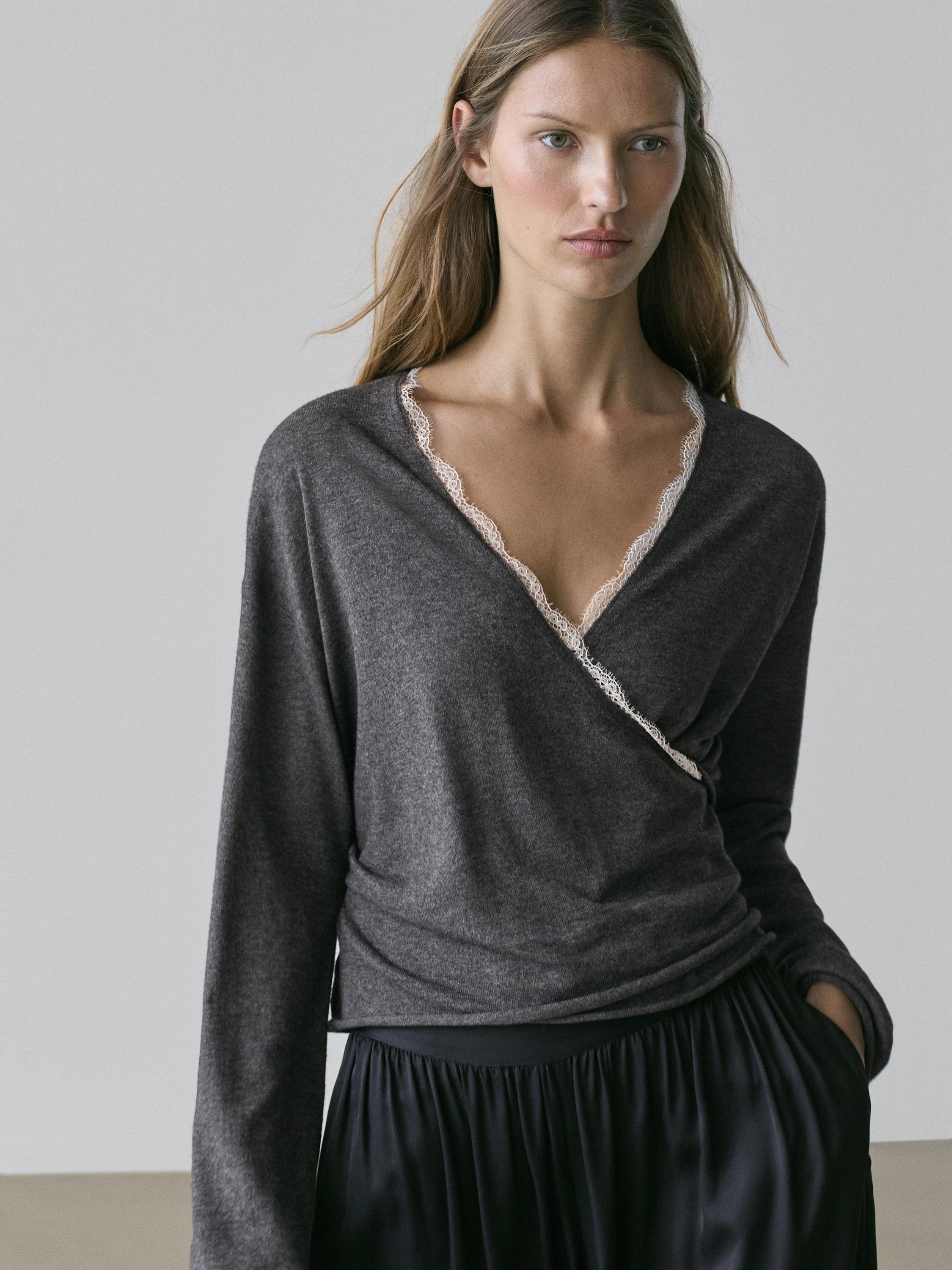 Cardigan en maille croisée avec détails dentelle