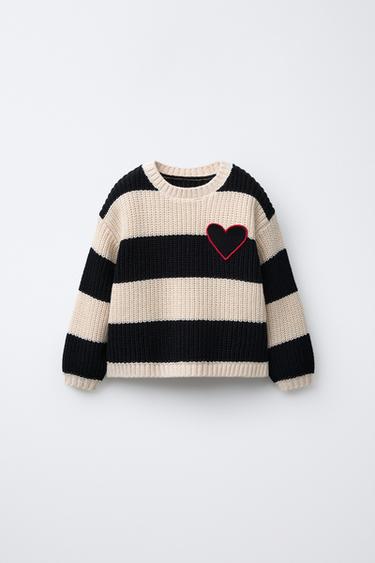 STRIPED HEART KNIT JUMPER - Ecru / Black by Zara