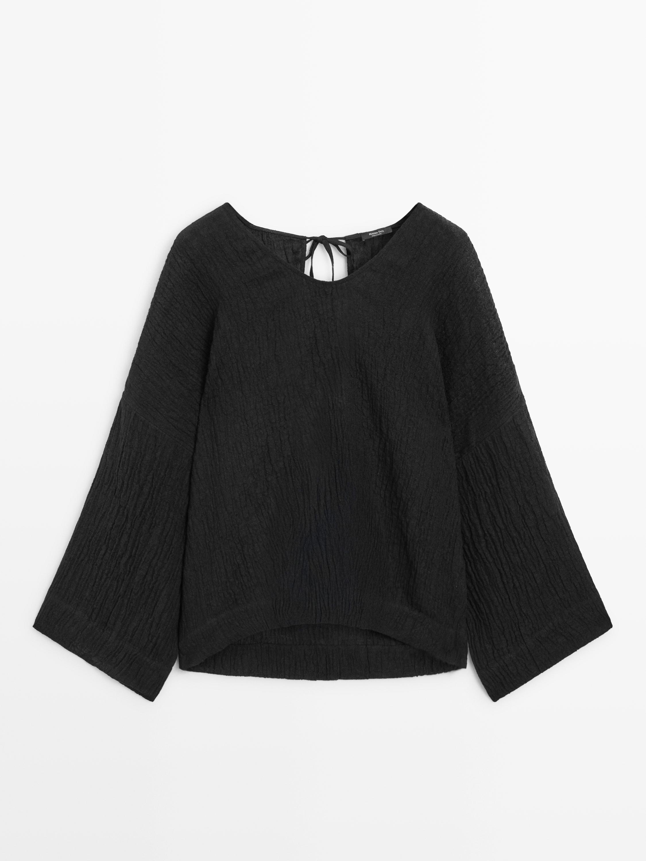 100% linen waffle-knit flowing blouse