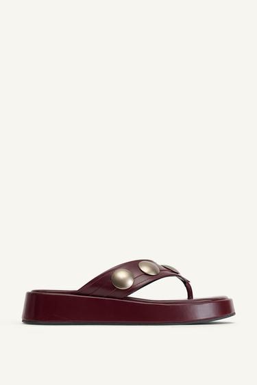THONG LEATHER STUDDED SANDALS 14 - Burgundy Red by Zara