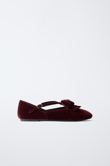 VELVET BOW BALLERINAS - Burgundy Red by Zara