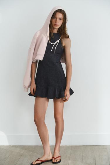 Zara TRF DENIM RUFFLE DRESS - Dark indigo