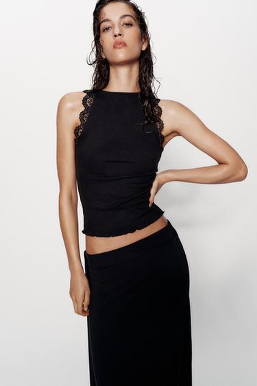 LACE RIB TOP - Black by Zara