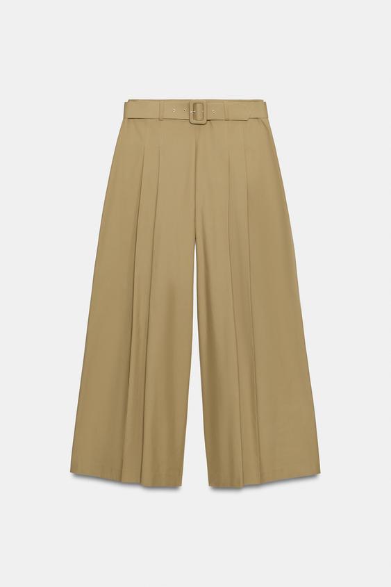 PANTALÓN PLIEGUES CINTURÓN FORRADO - Tostado de Zara - Imagen 0