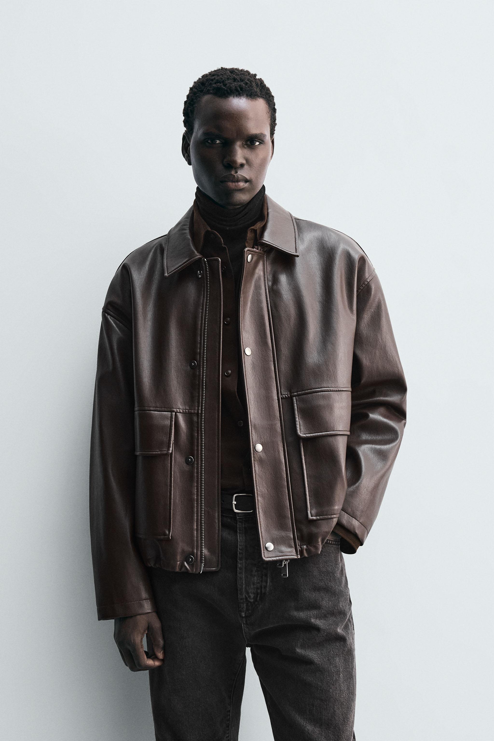 ジャケット・アウター ZARA MAN LEATHER PARKA WITH POCKETS L ZARA MAN FAUX LEATHER BIKER OVERSIZED FIT JACKET COLOR BLACK