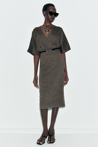 PIQUÉ MIDI DRESS WITH BELT - Dark green by Zara