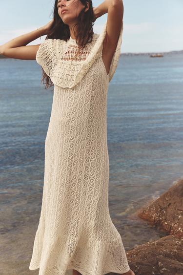 Zara POINTELLE KNIT LONG DRESS - Ecru